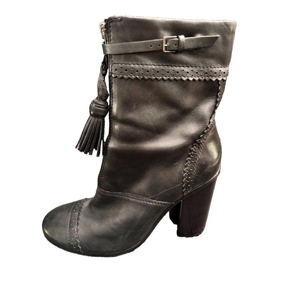 Tory Burch Black Leather Huxley Tassel Ankle Boots Block Heel Women Size 8